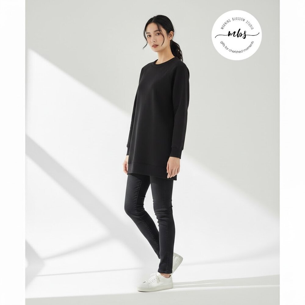 NWT Audrey 3+1 Cotton Blend Crewneck Long Sweatshirt Black Women S/M